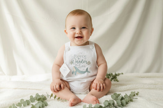 Boys White Linen first birthday romper with custom embroidery designs