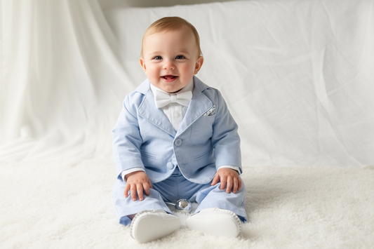 Blue chambray set with blue pants, white linen shirt, white, blue or beige suspenders and blue bow tie