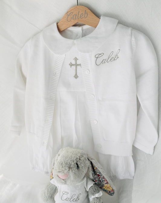 White cotton Baptism christening cardigan sweater with optional embroidery