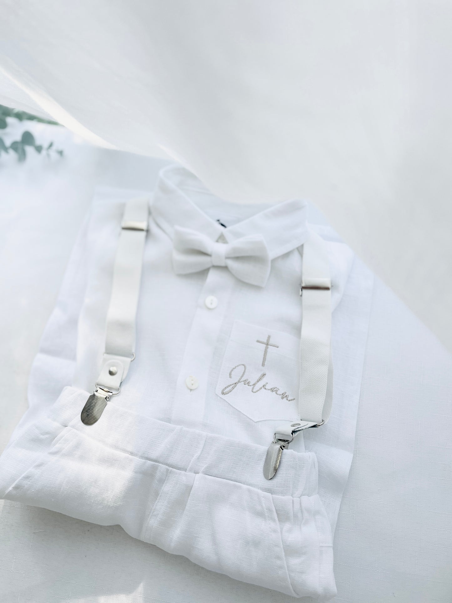 White and blue linen Baptism or Wedding Suit with Accessories and Embroidery Available