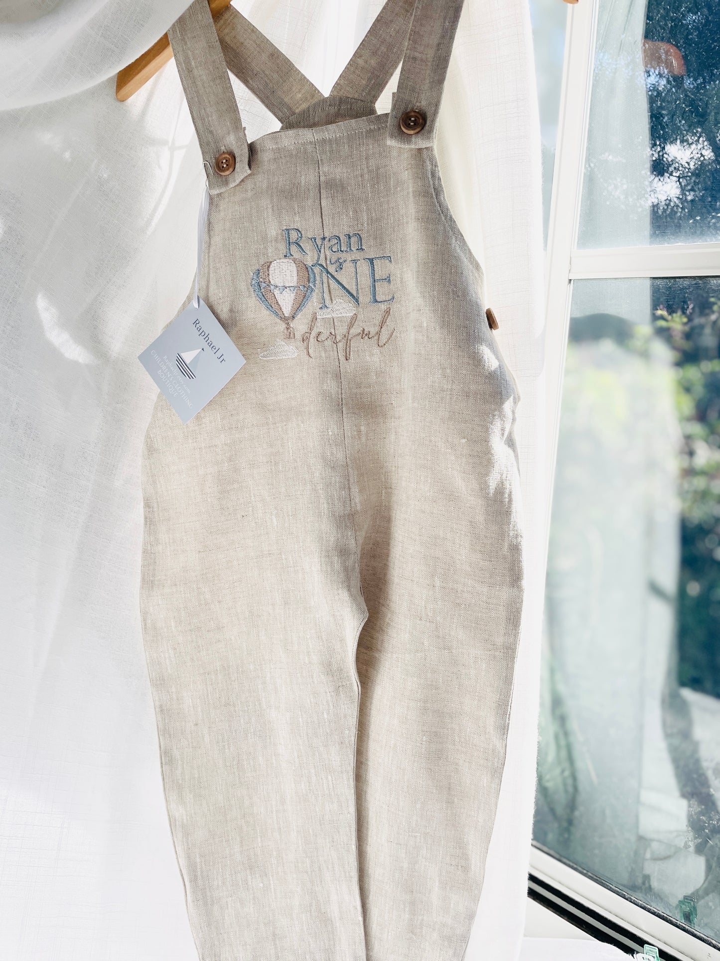 Boys Beige Linen Birthday overalls romper dungarees safari balloon fast car wild sea themes