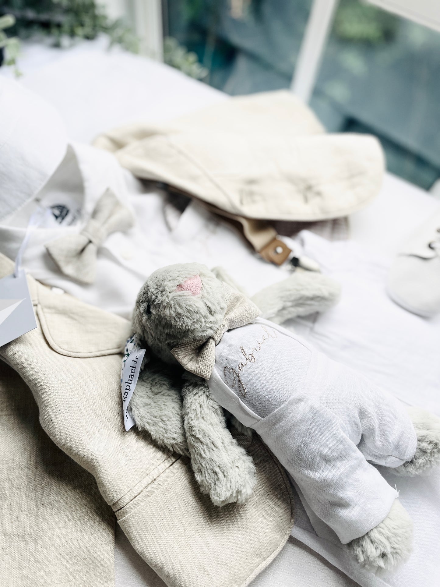 Beige linen baby and toddler boys suit with additional accessories and personalisation