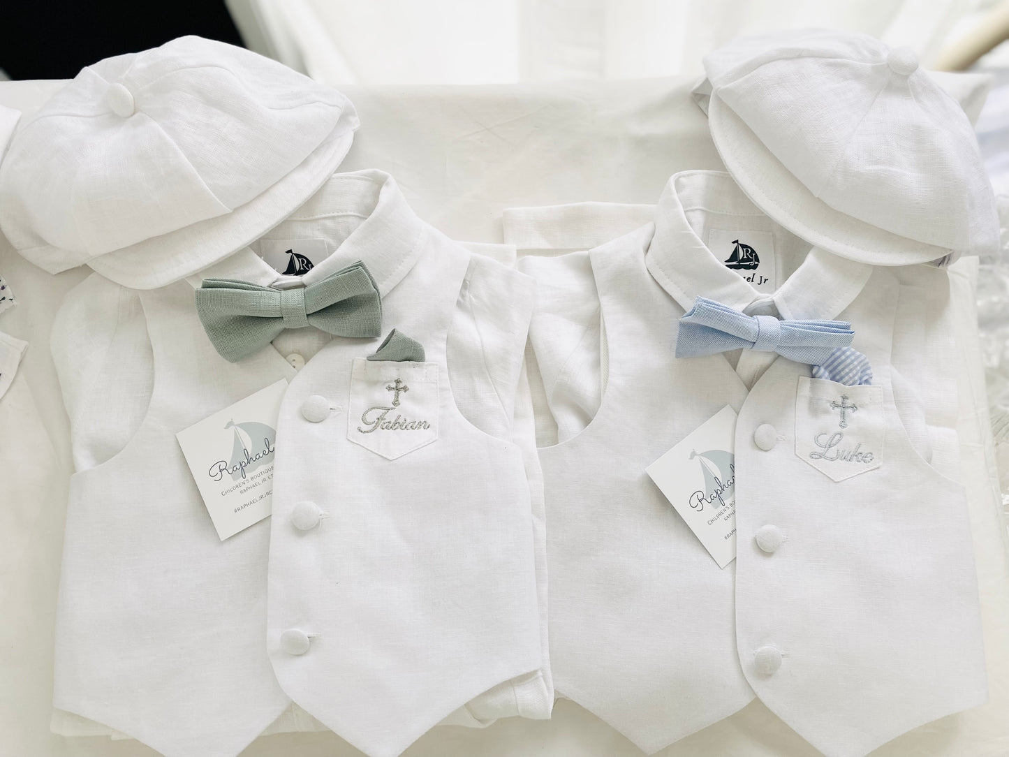 Baby and Toddler Boys white linen summer set with vest, shirt, shorts, suspenders and bowtie
