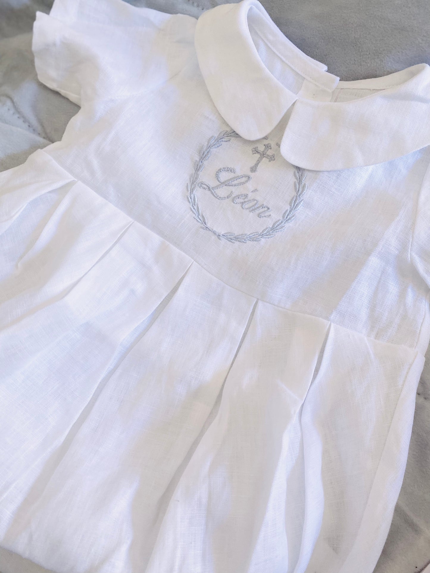 White Linen Baptism Gown romper with detachable skirt dress and optional embroidery