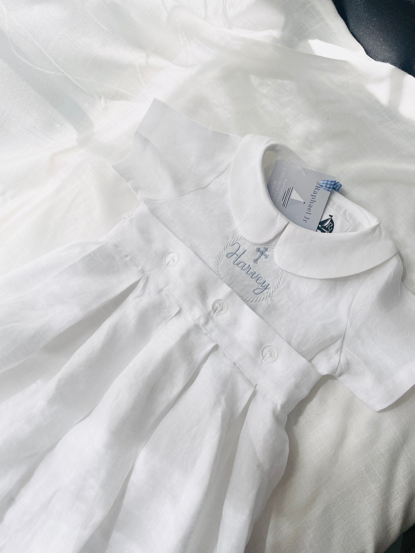 White Linen Baptism Gown romper with detachable skirt dress and optional embroidery
