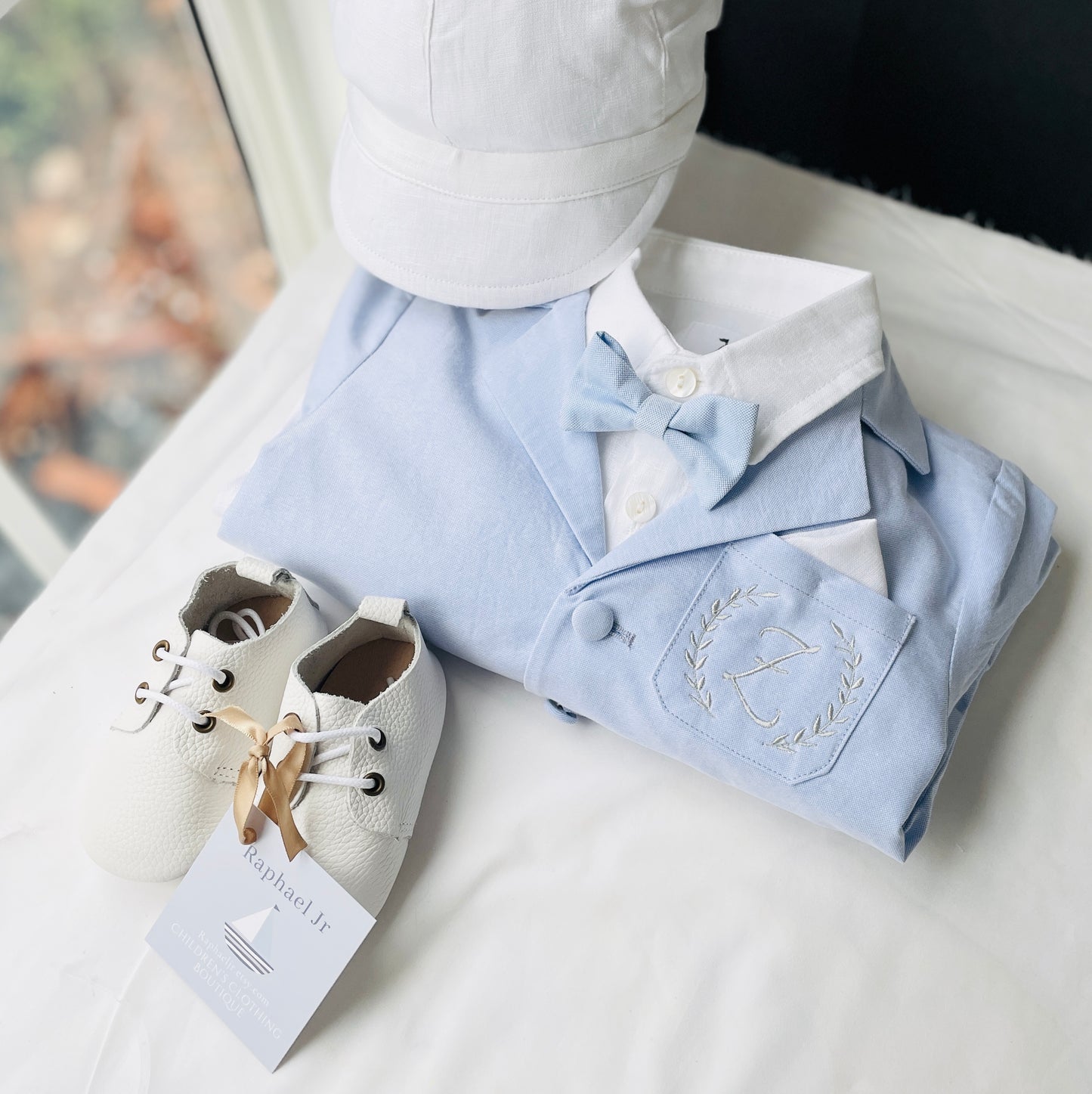 Baby and toddler boys pale blue chambray and and white linen full suit
