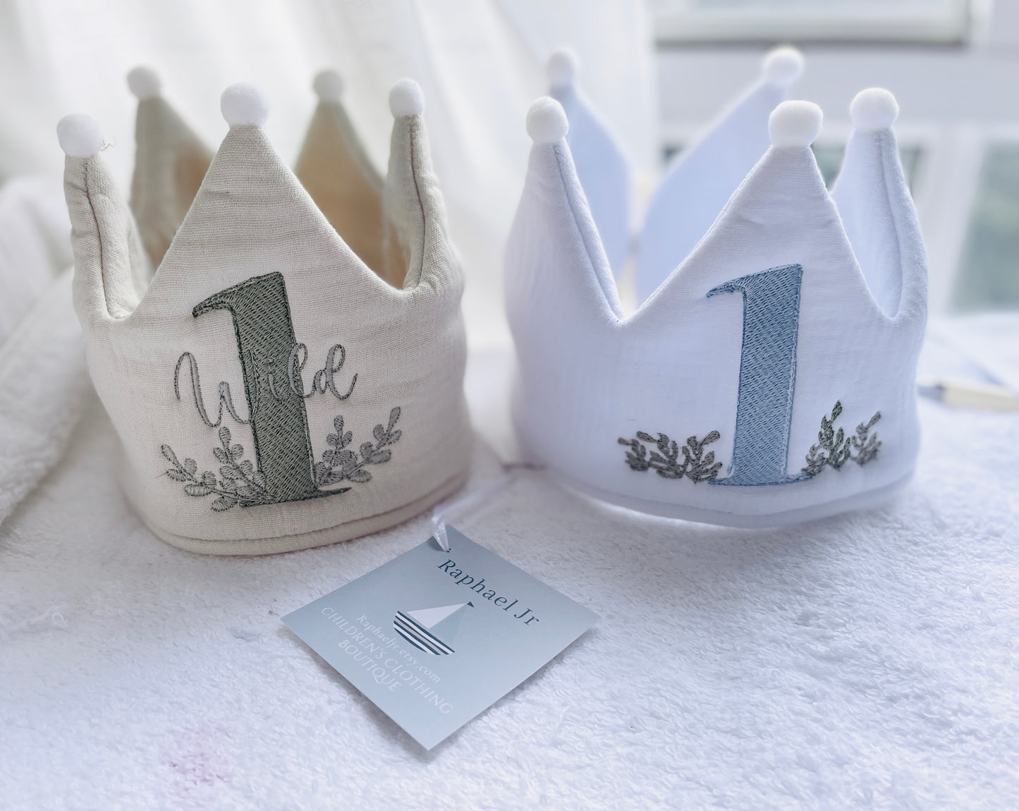 Beige or white Linen Birthday crown hat with embroidery