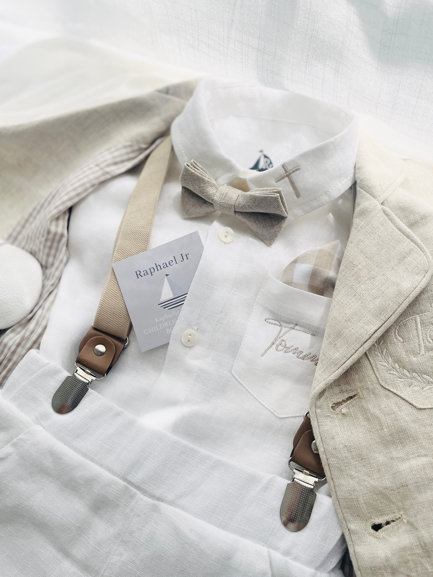 White and Beige Linen Set with optional Jacket Accessories and Embroidery Available