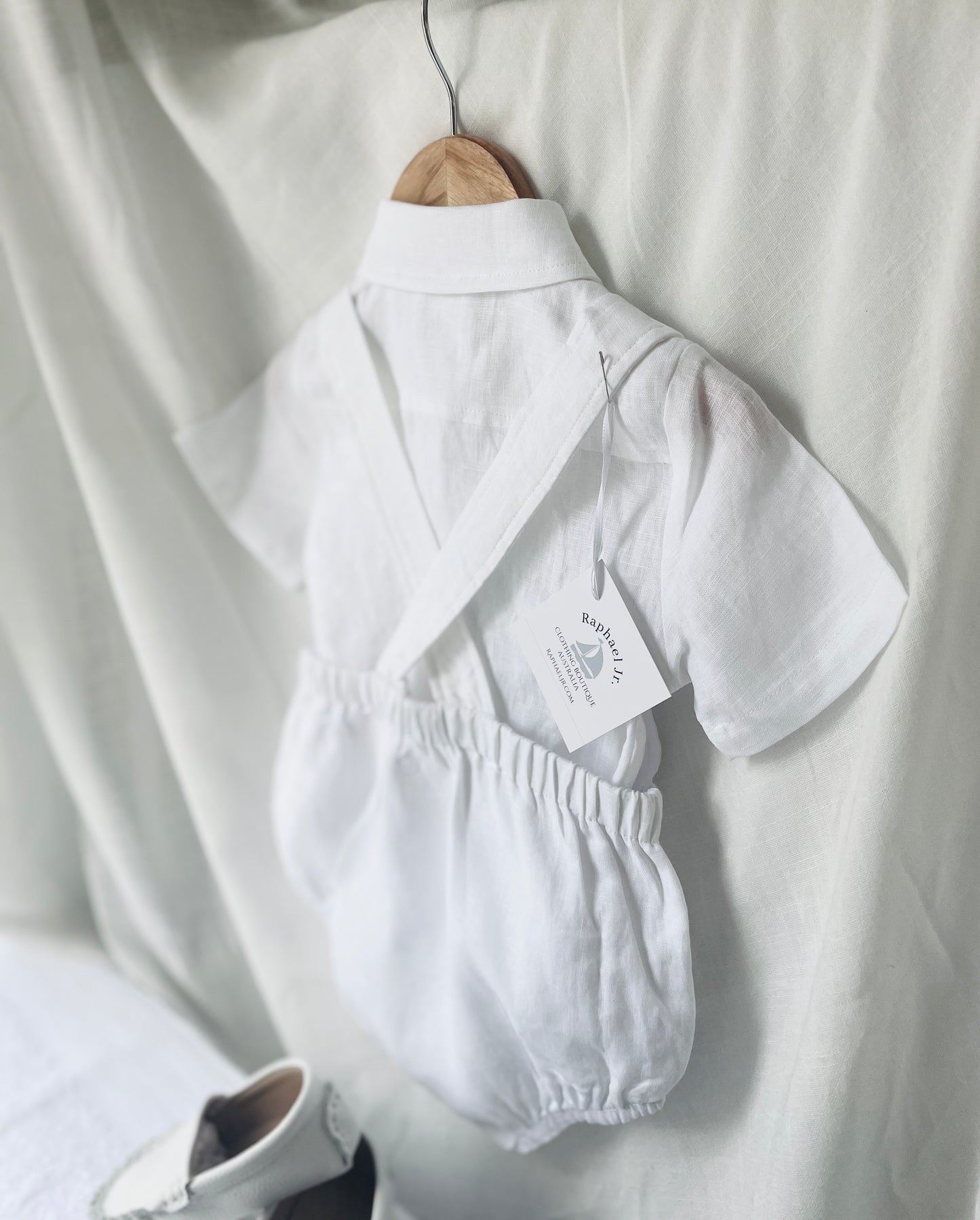 White linen Baptism romper overalls and linen shirt set