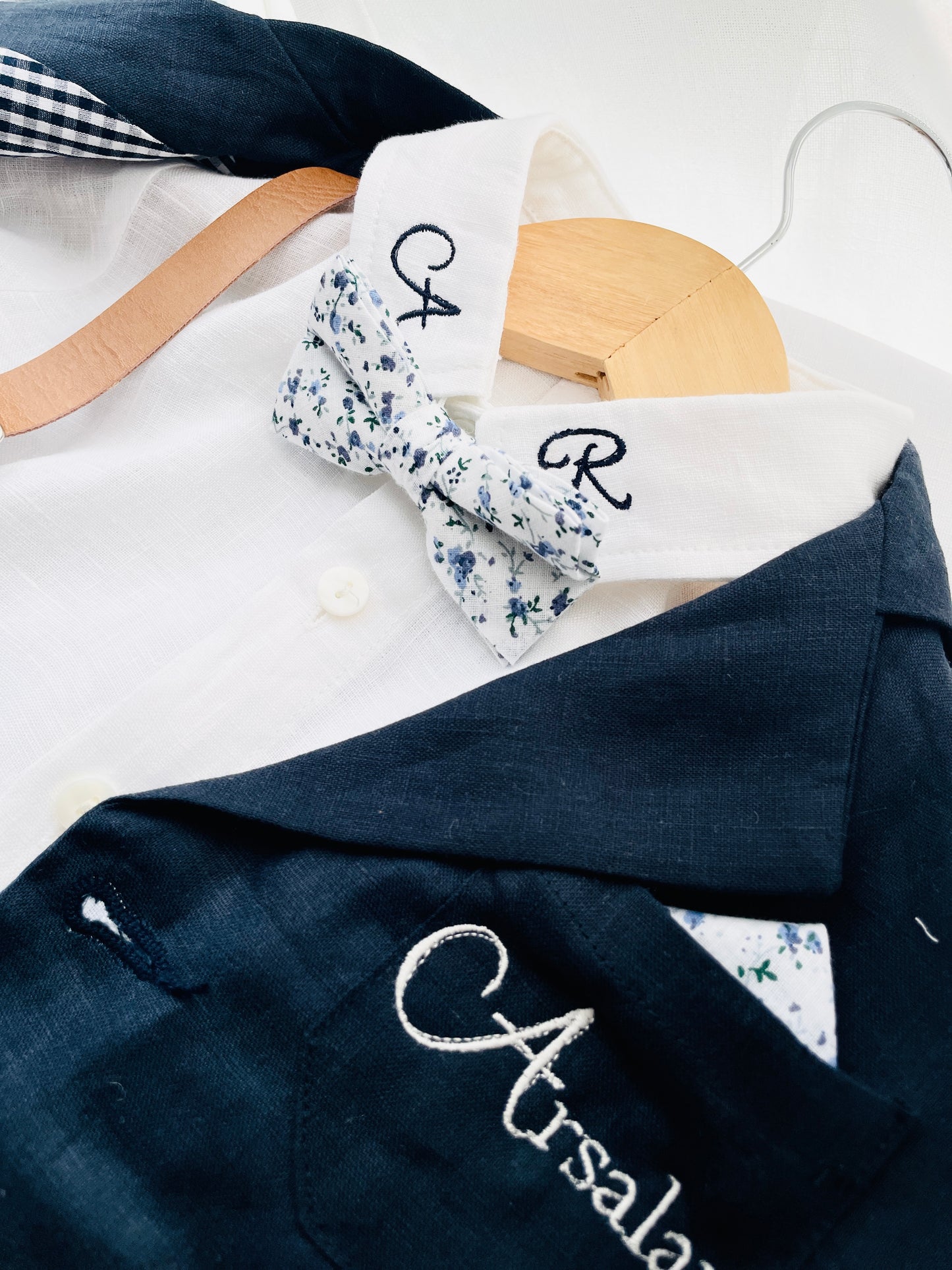 Navy blue and beige formal baptism or wedding suit with accessories and optional personalisation