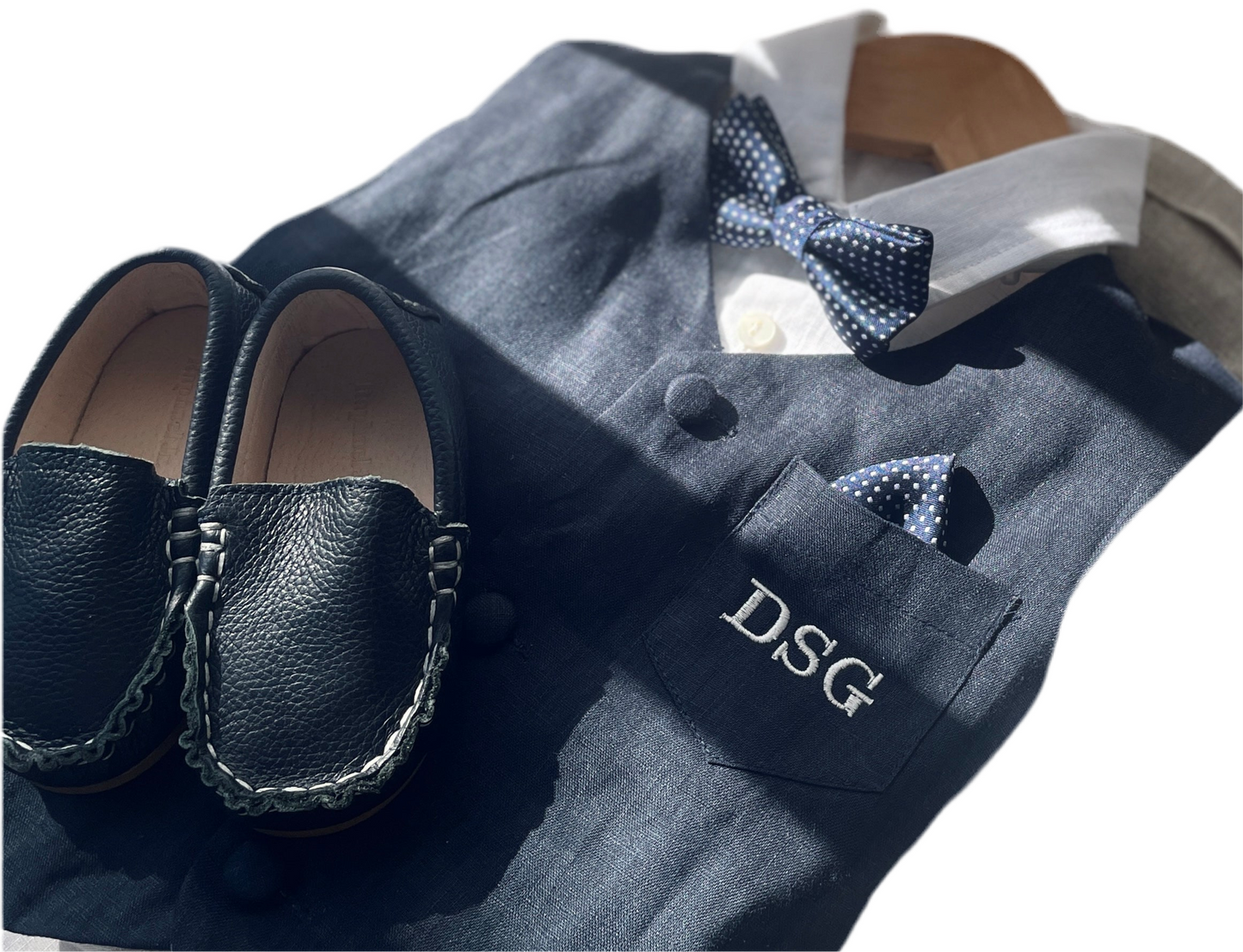 Navy blue linen suit with vest, pants, shirt, suspenders and bow tie plus optional jacket, embroidery, shoes and cap