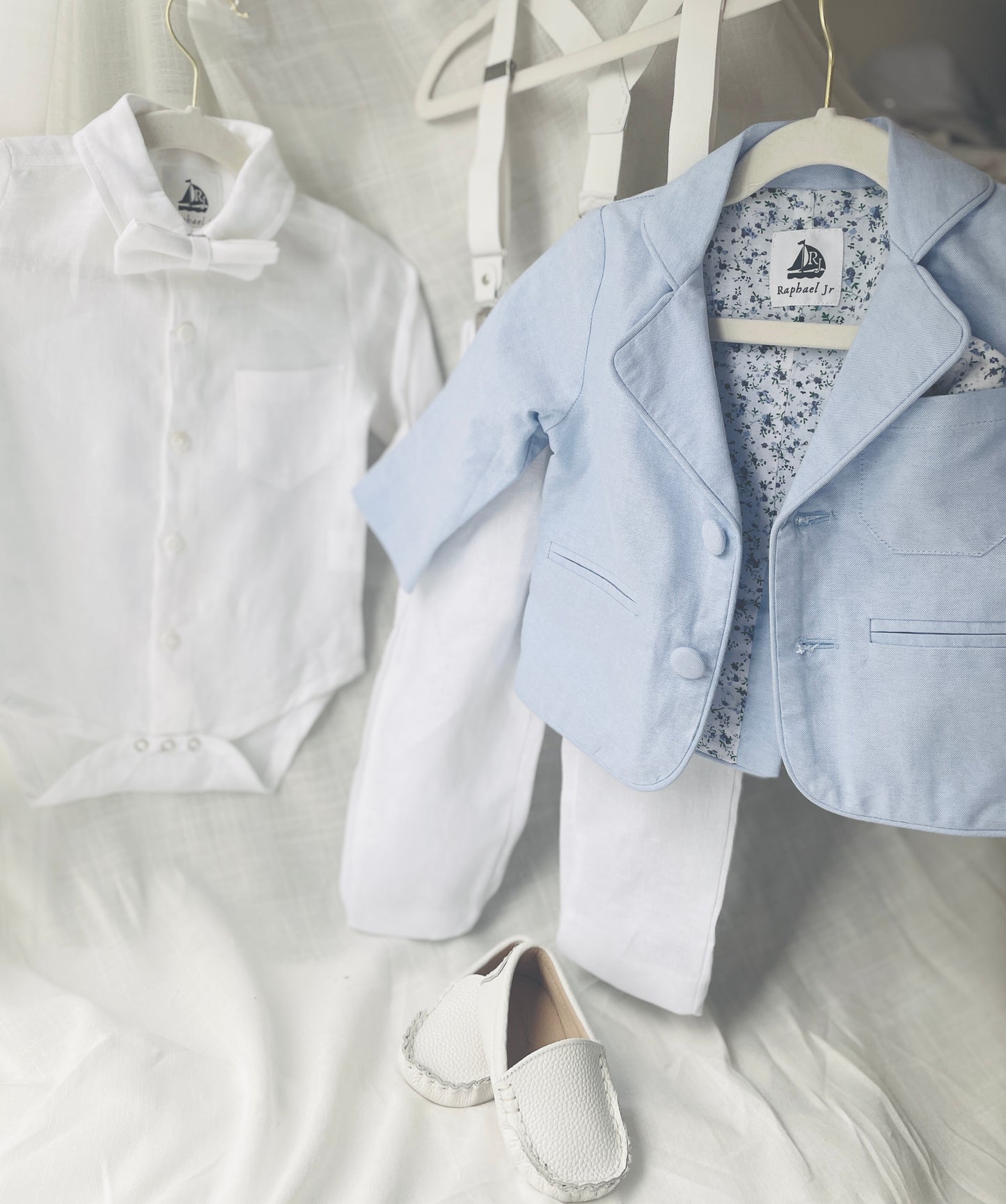 Blue chambray and white linen suit