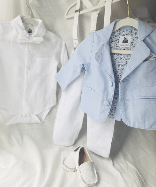 Blue chambray and white linen suit