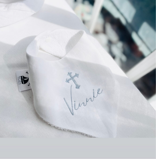 White linen baby dribble bandana baptism Christening bib with optional cross or custom embroidery