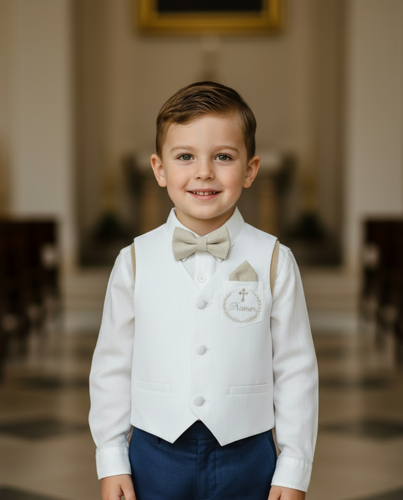 White linen vest and navy shorts summer set