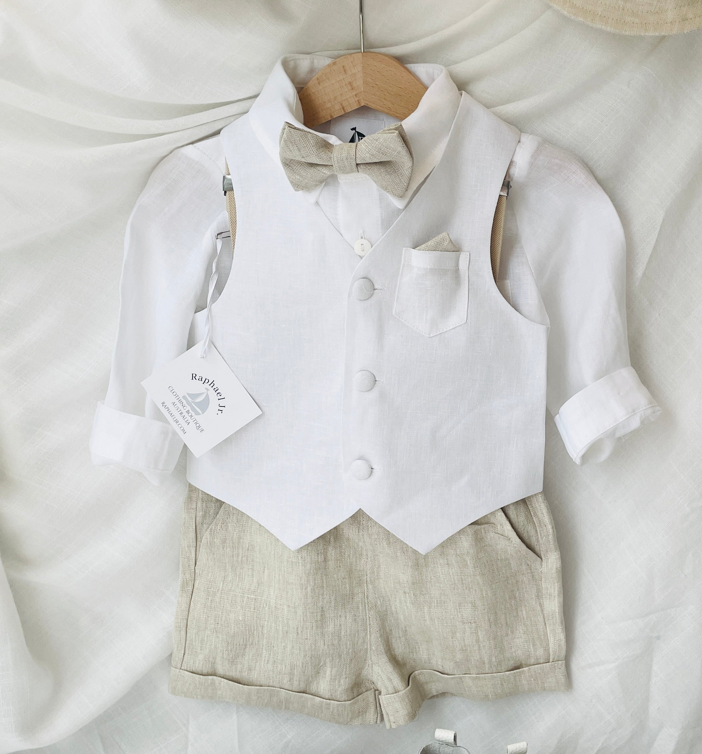 Boys white and beige linen set with vest, shirt, pants, suspenders and bowtie
