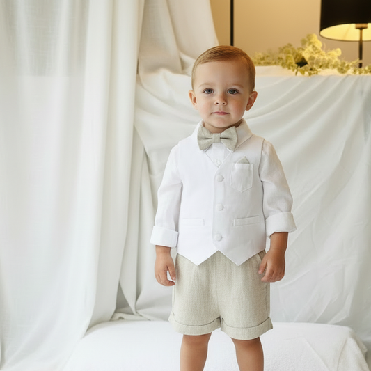 Boys white and beige linen Baptism and Wedding Outfit with vest, shirt, shorts, suspenders and bow tie