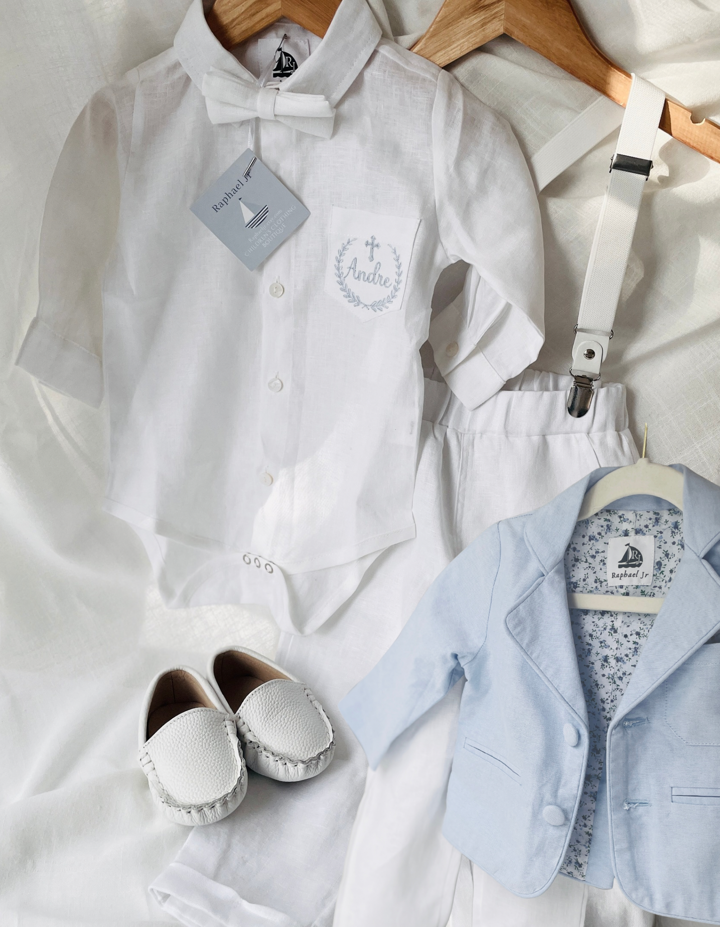 White linen Baptism Suit set with Accessories and optional Embroidery