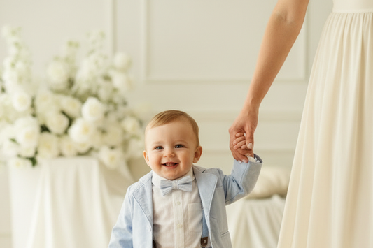 White linen summer Baptism outfit with shorts shirt and suspenders and optional pale blue jacket