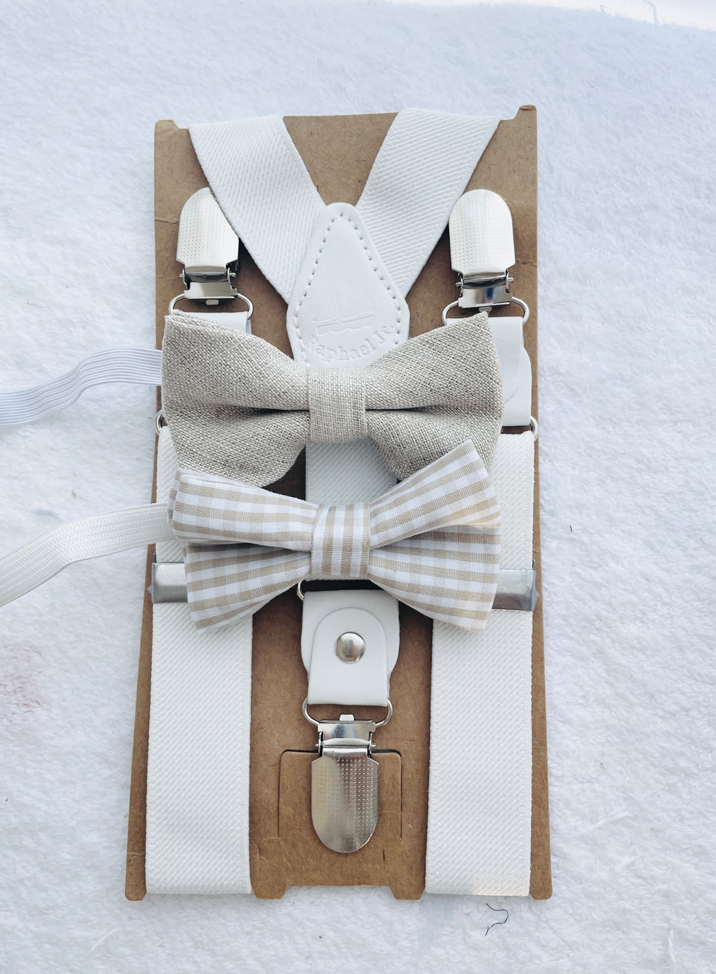 Boys white and beige cotton Baptism wedding set with vest onesie, shorts, suspenders and bow tie