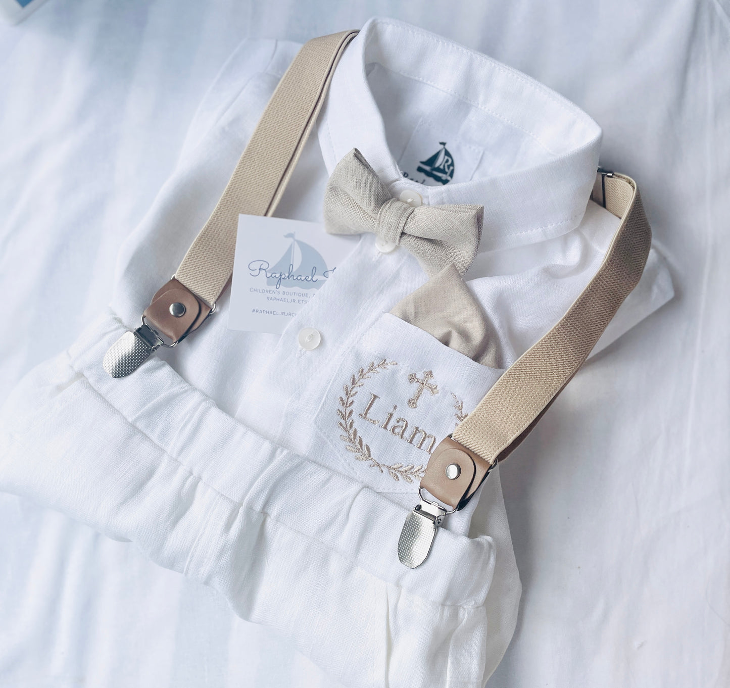 White and Beige Linen Set with optional Jacket Accessories and Embroidery Available