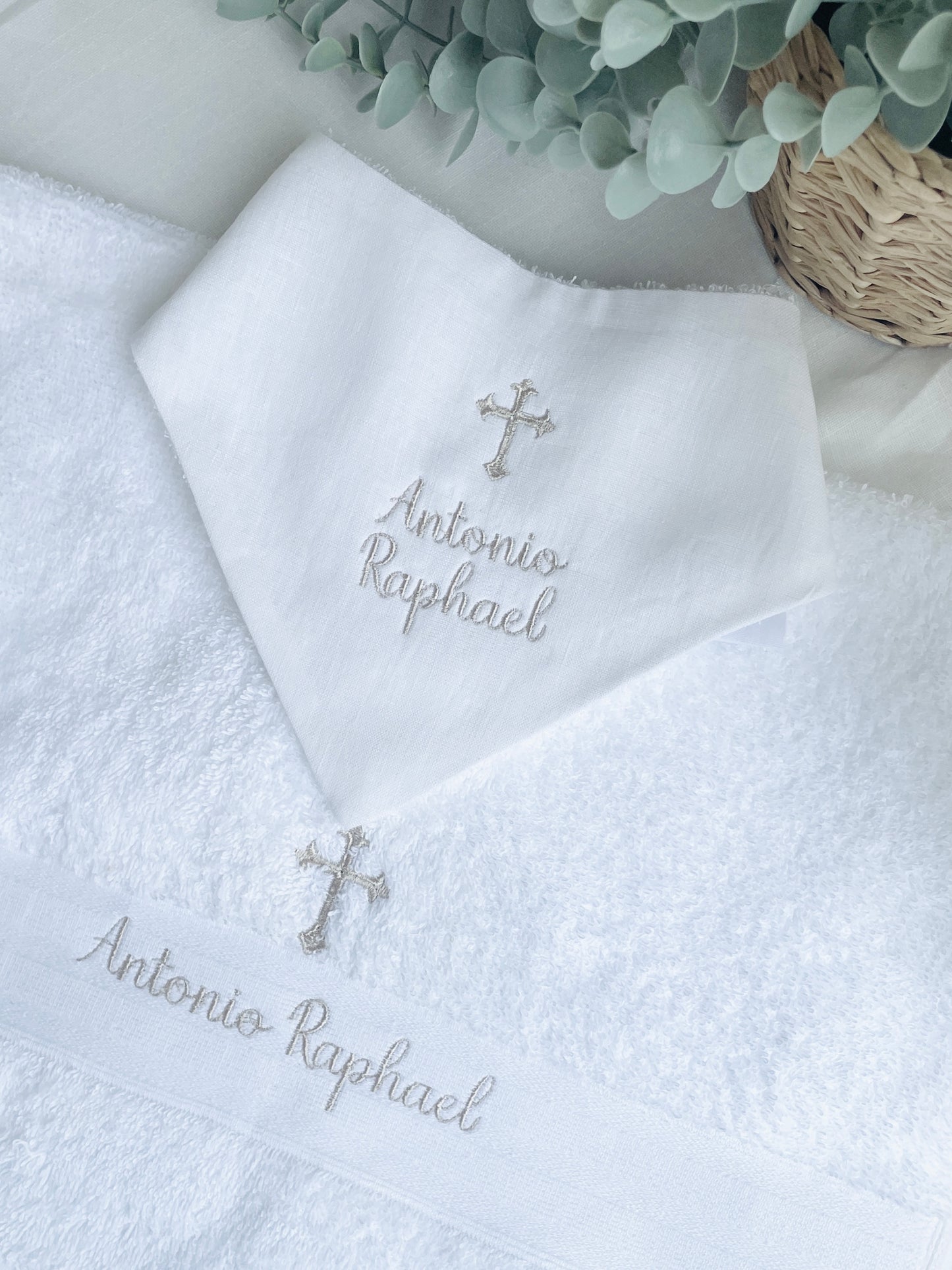 White linen baby dribble bandana baptism Christening bib with optional cross or custom embroidery