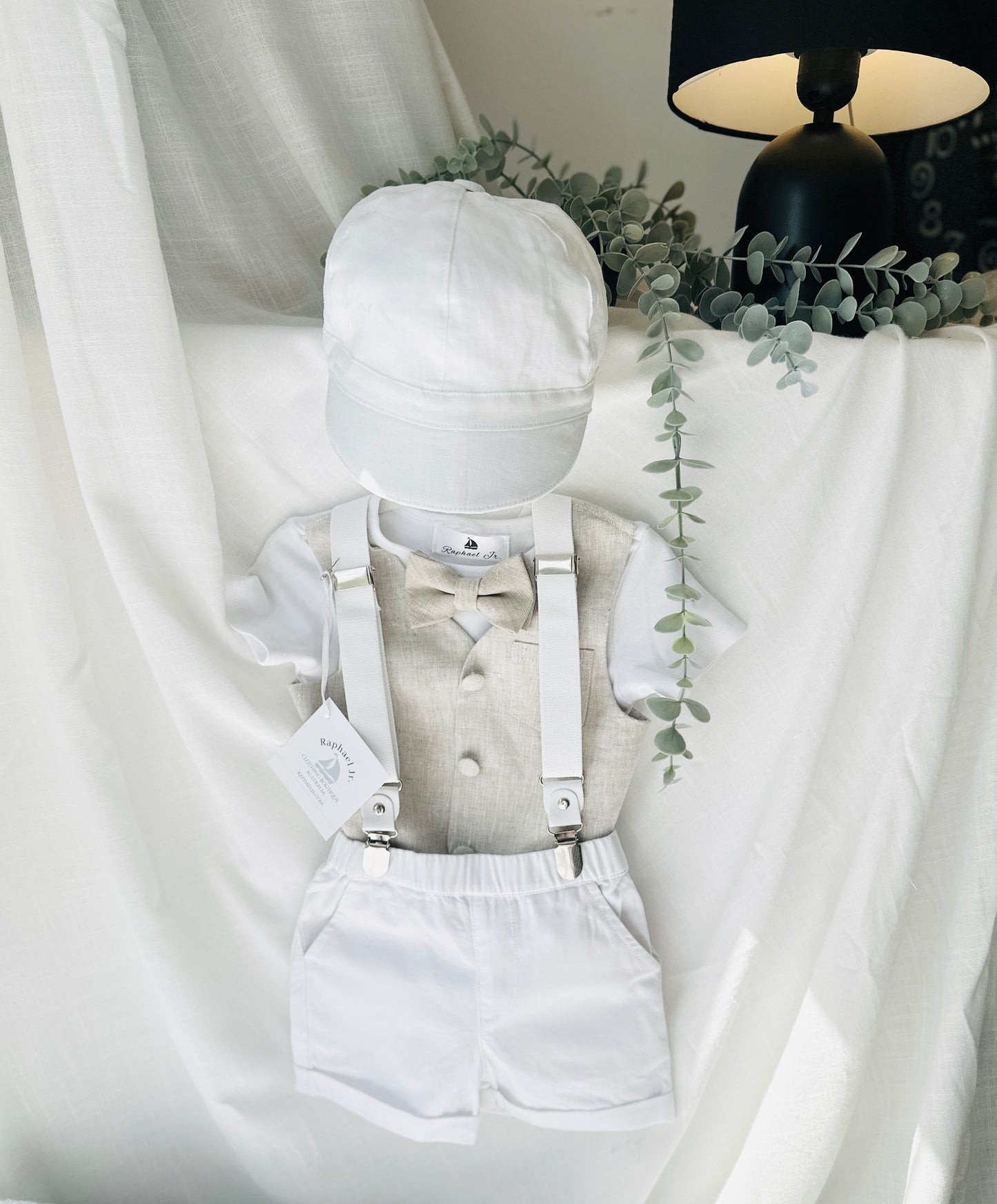 Boys white and beige cotton Baptism wedding set with vest onesie, shorts, suspenders and bow tie