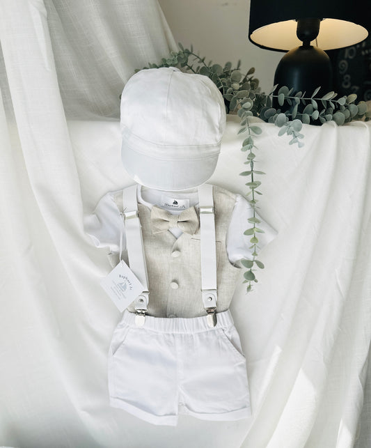 Boys white and beige cotton Baptism wedding set with vest onesie, shorts, suspenders and bow tie