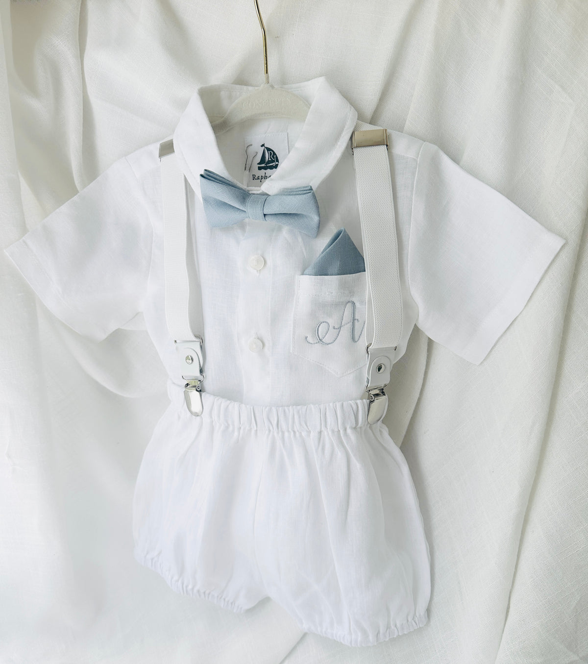 Baby and Toddler Boys white linen baptism outfit with bloomers, shirt, suspenders, bow tie