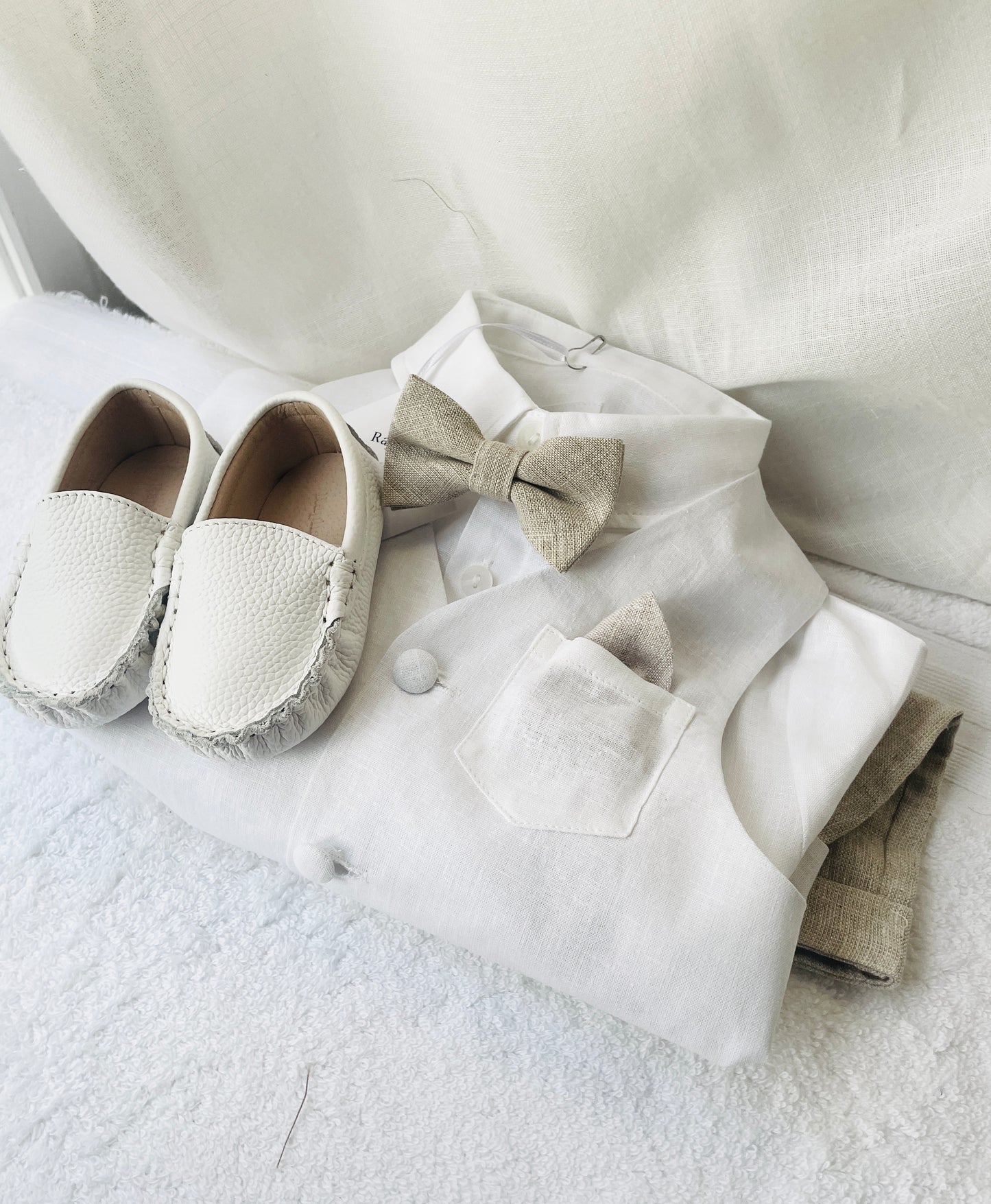 Boys white and beige linen set with vest, shirt, shorts, suspenders and bowtie