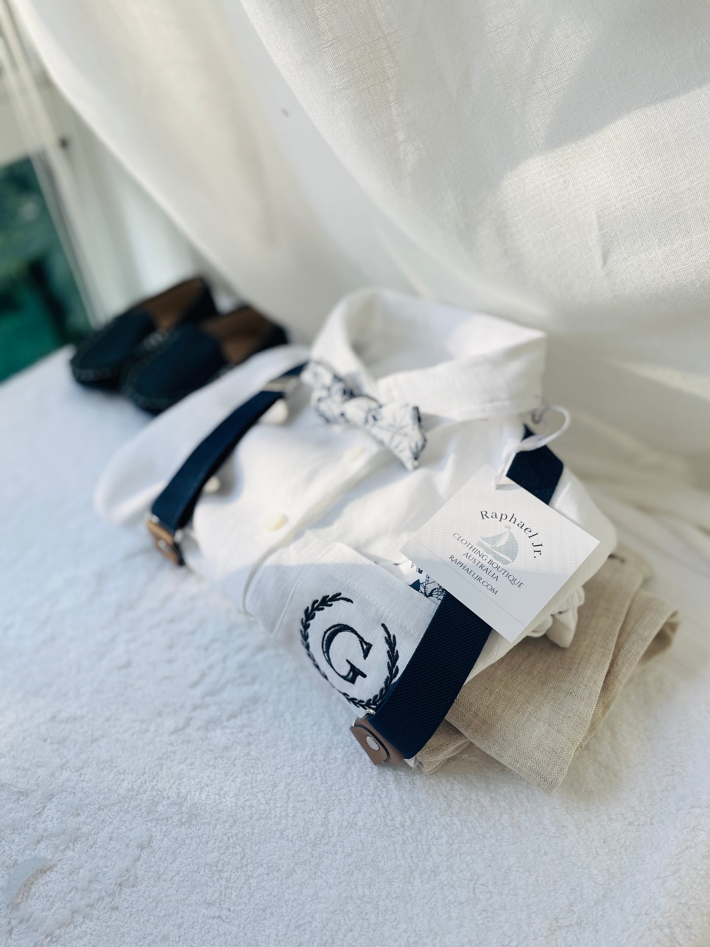 Navy blue and beige formal baptism or wedding suit with accessories and optional personalisation