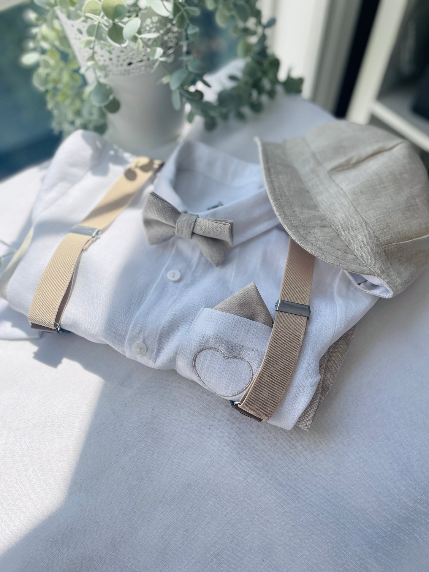 Linen Baptism Shorts, Suspenders and Shirt set with Optional Jacket