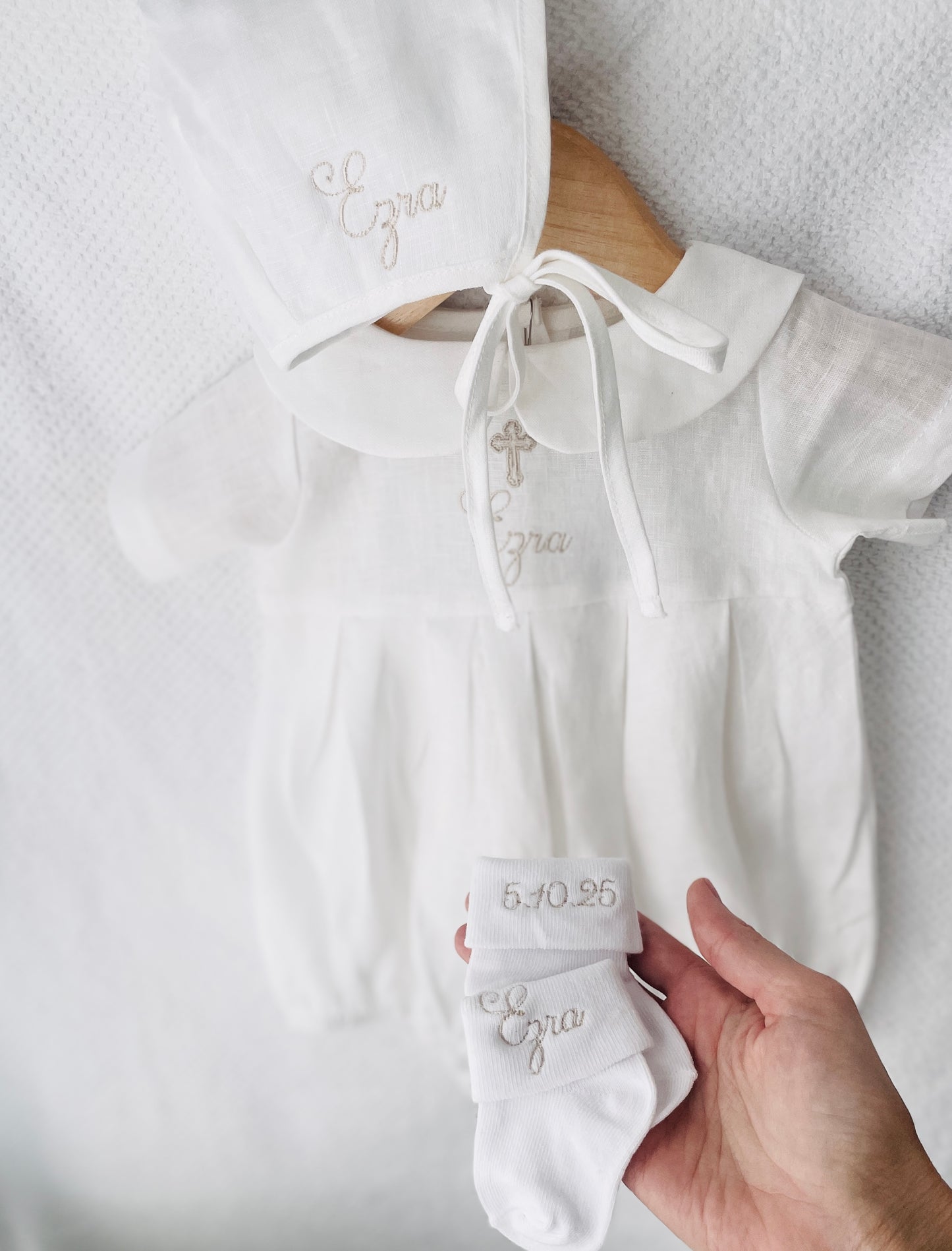 Linen Baptism peter pan collar romper outfit with optional embroidery customisation