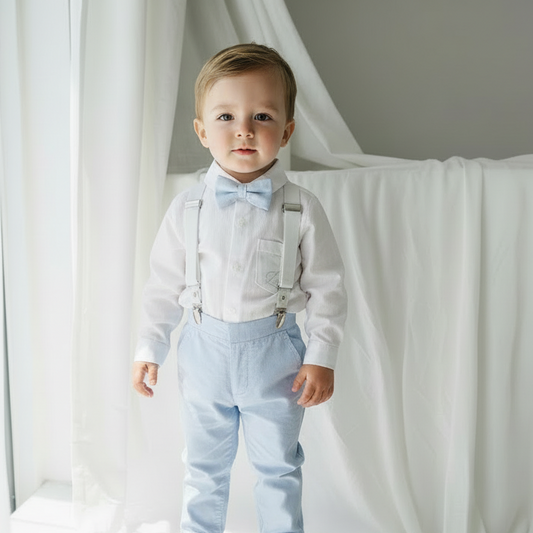 Blue chambray set with blue pants, white linen shirt, white, blue or beige suspenders and blue bow tie