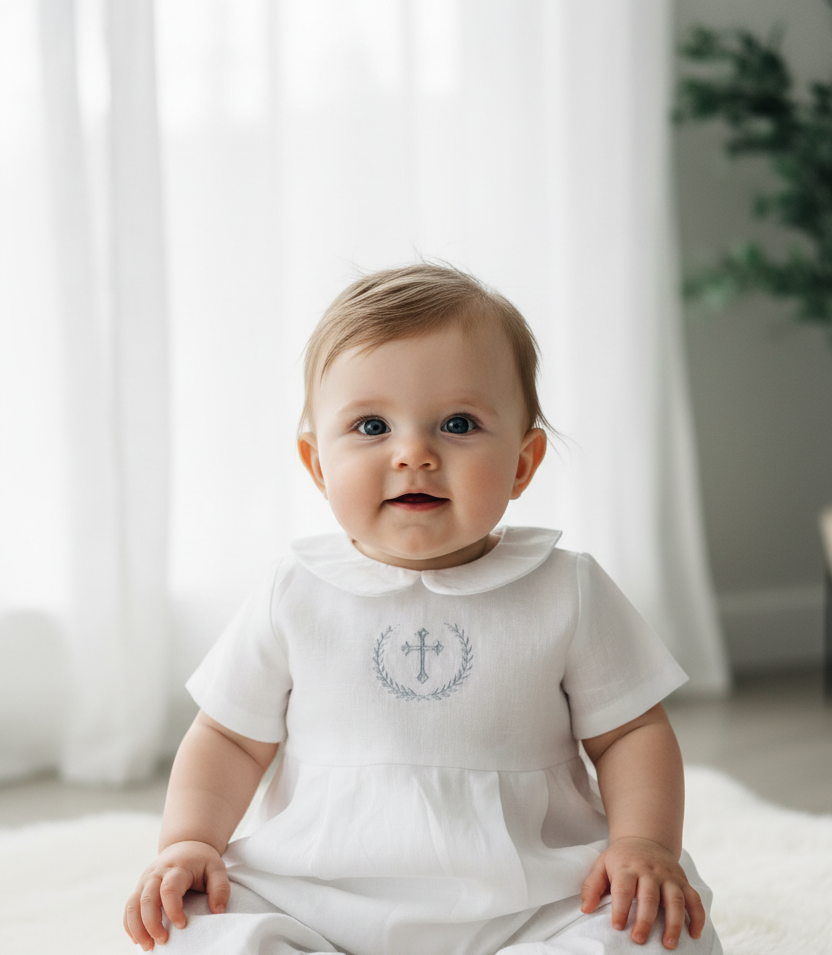 White Linen Unisex Baptism Gown 3/4 length romper with detachable skirt