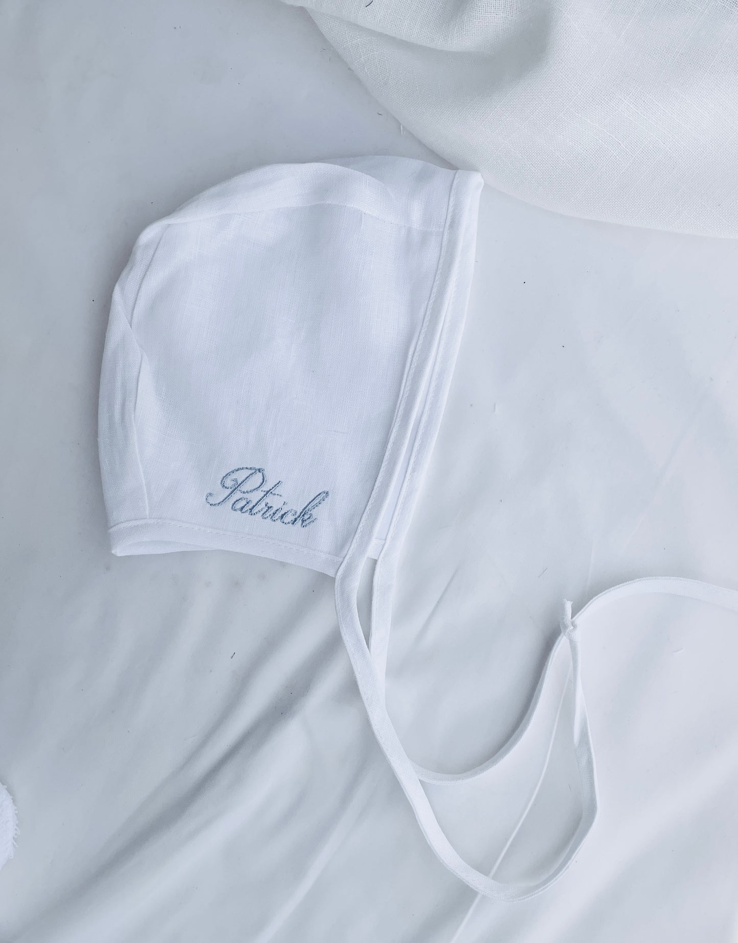 White linen baby bonnet for baptisms and christenings with optional embroidery