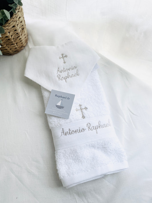 Personalised baptism christening hand towel with embroidery and optional bib