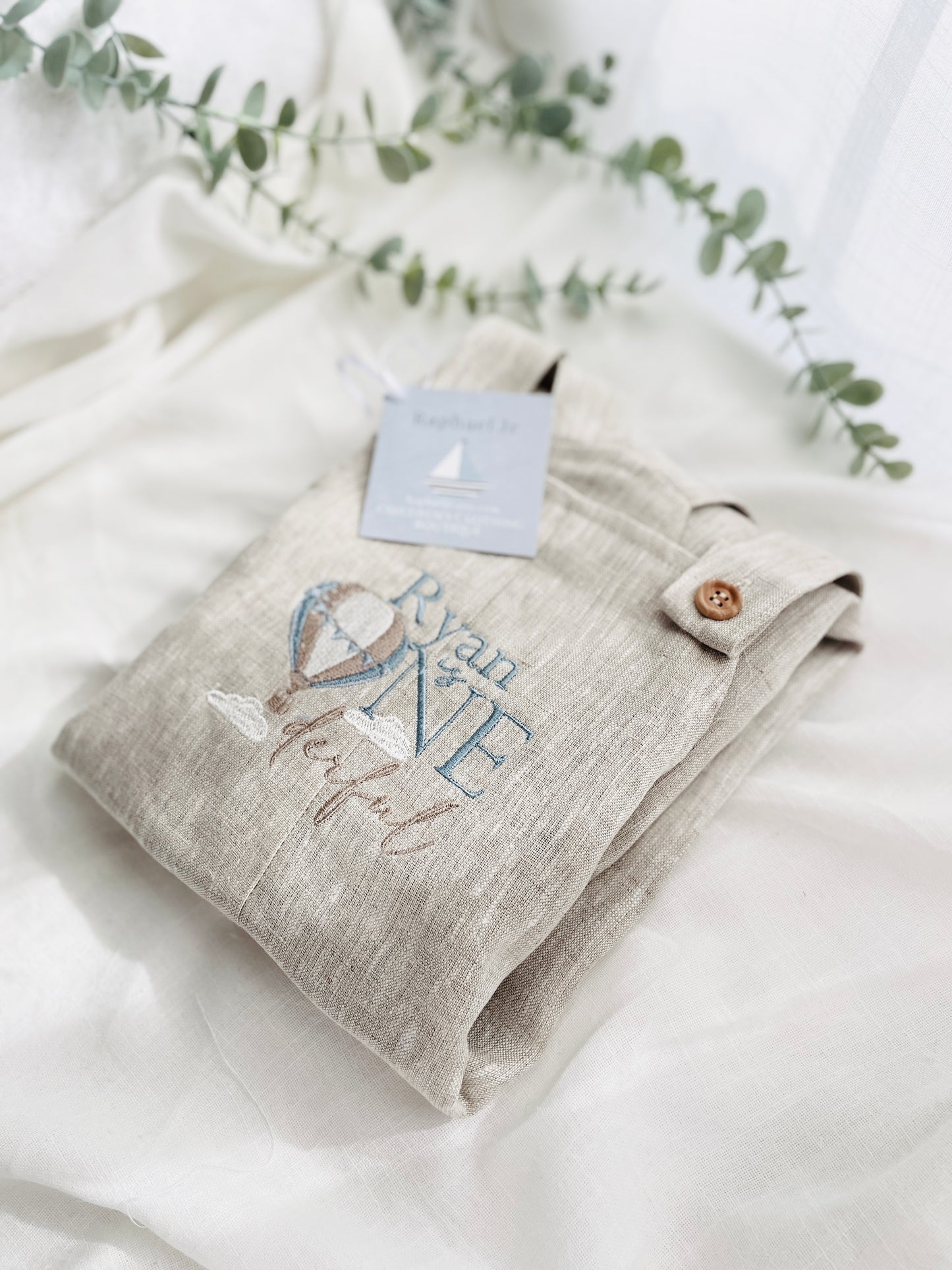 Boys Beige Linen Birthday overalls romper dungarees safari balloon fast car wild sea themes