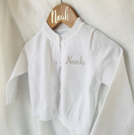White cotton christening cardigan sweater with optional embroidery