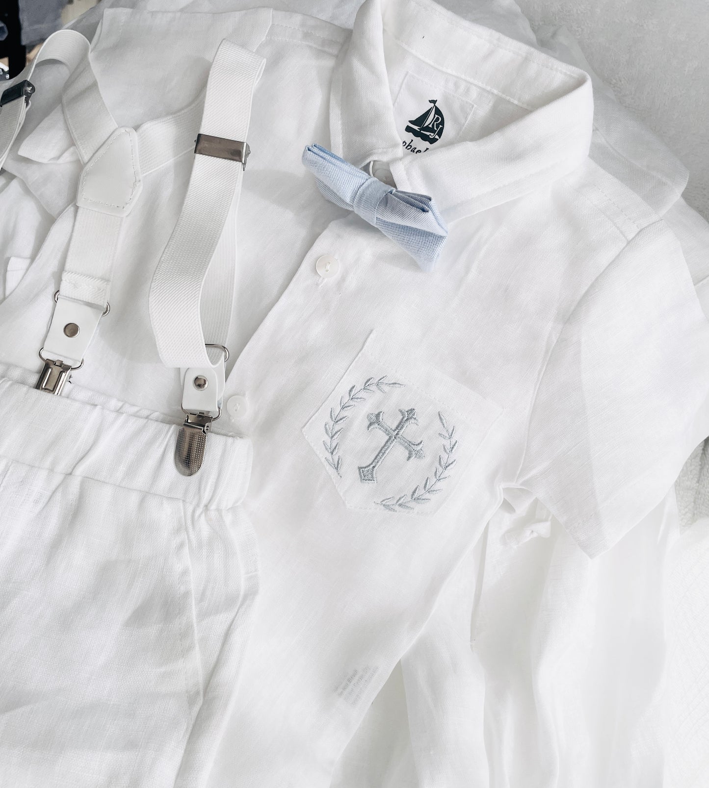 White linen summer Baptism suit set with shorts, shirt, suspenders and bowtie plus optional extras