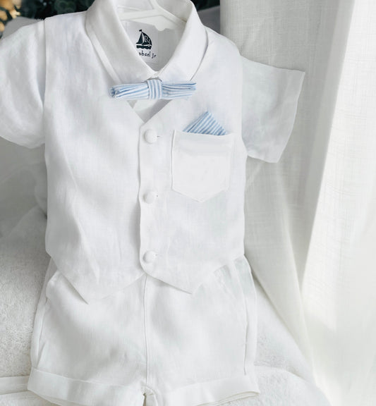 Baby and Toddler Boys white linen summer set with vest, shirt, shorts, suspenders and bowtie