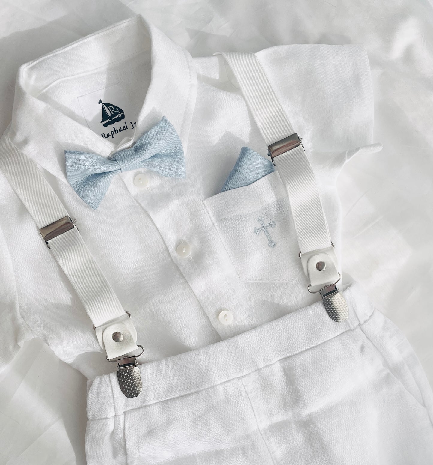 White linen summer Baptism suit set with shorts, shirt, suspenders and bowtie plus optional extras