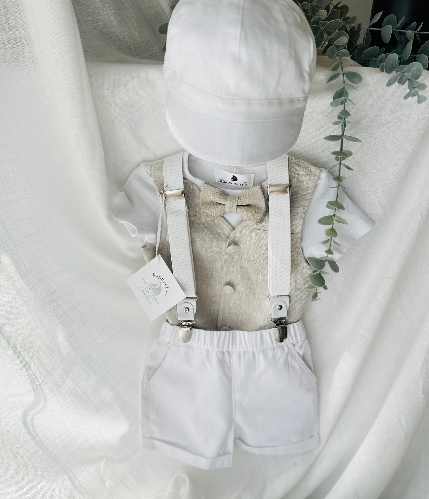 Boys white and beige cotton Baptism wedding set with vest onesie, shorts, suspenders and bow tie