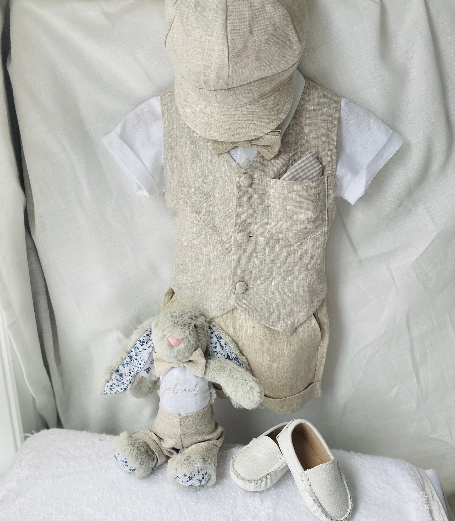 Beige linen set with vest, shirt, pants, suspenders and bowtie plus optional jacket, cap and shoes