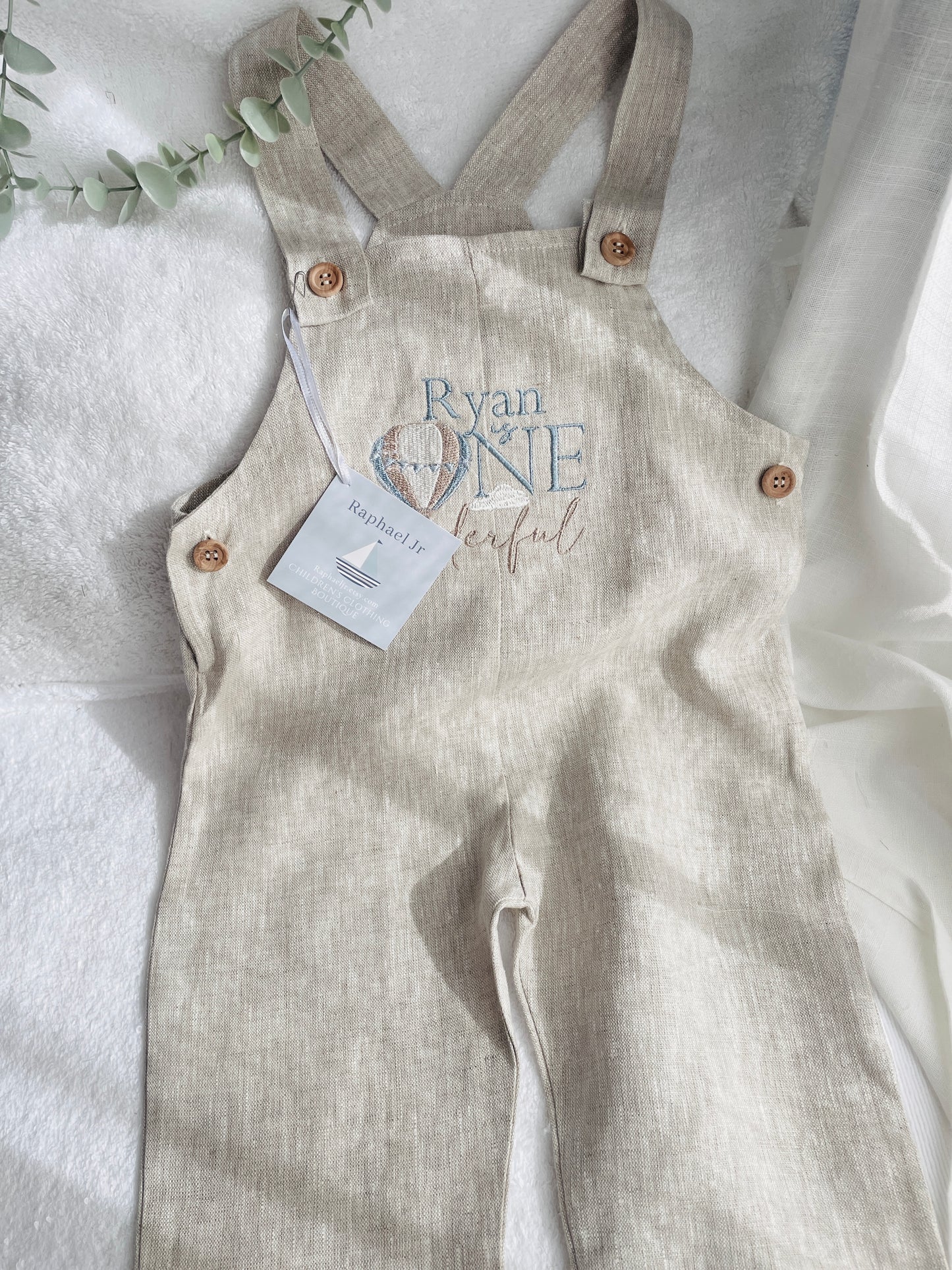Boys Beige Linen Birthday overalls romper dungarees safari balloon wild sea themes