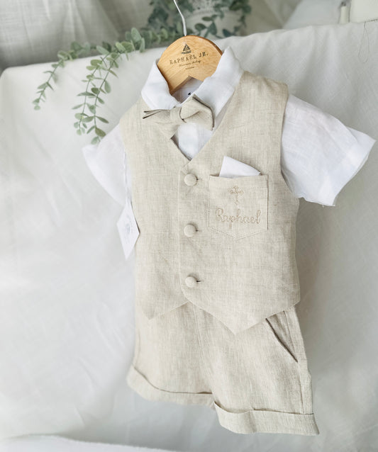 Beige Linen Shorts Shirt Suspenders and Vest set with Optional Cap Jacket and Embroidery
