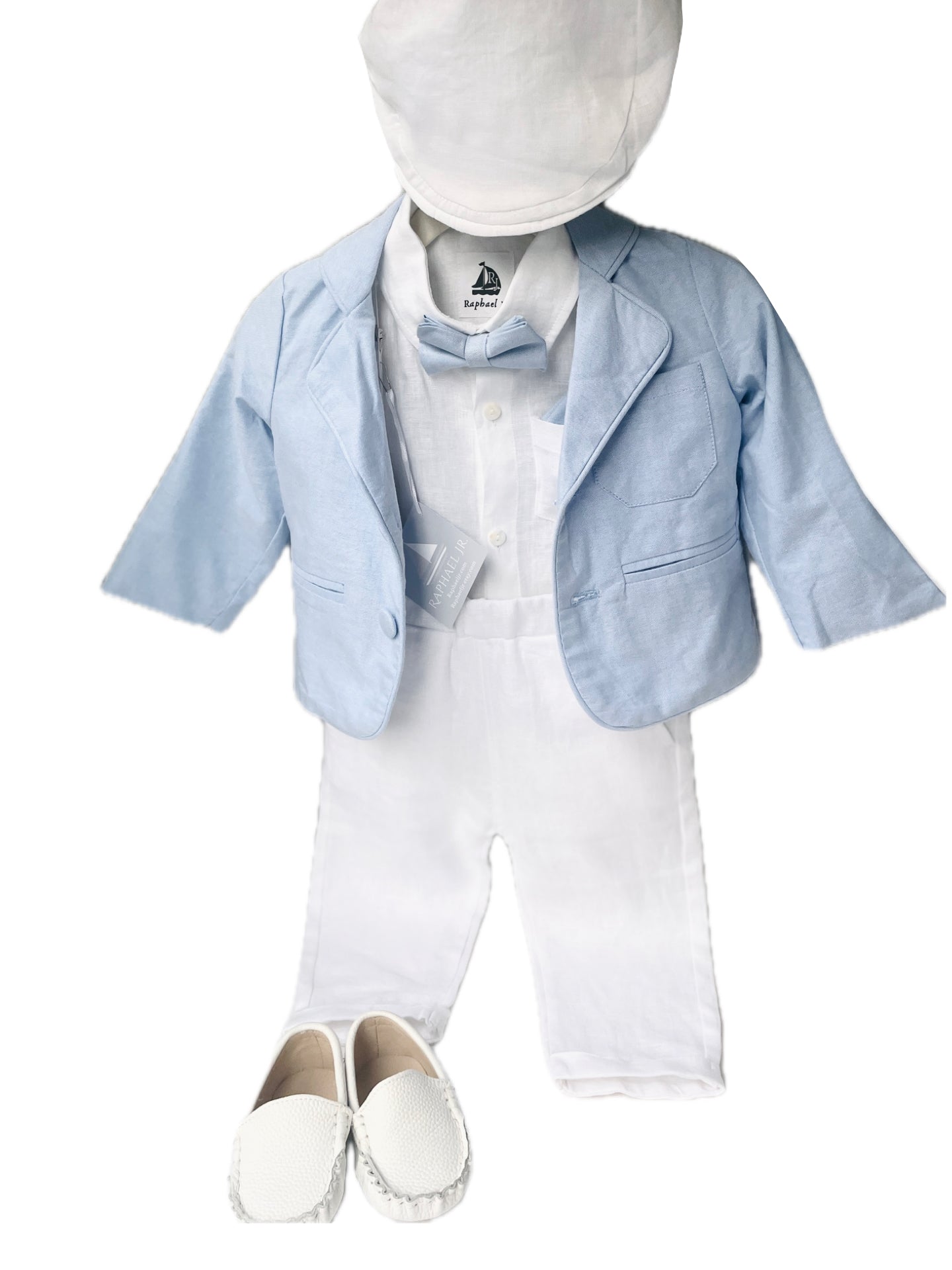 White and blue linen Baptism or Wedding Suit with Accessories and Embroidery Available