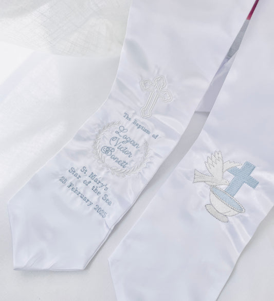 White satin children's sash stole for Baptisms 60in long