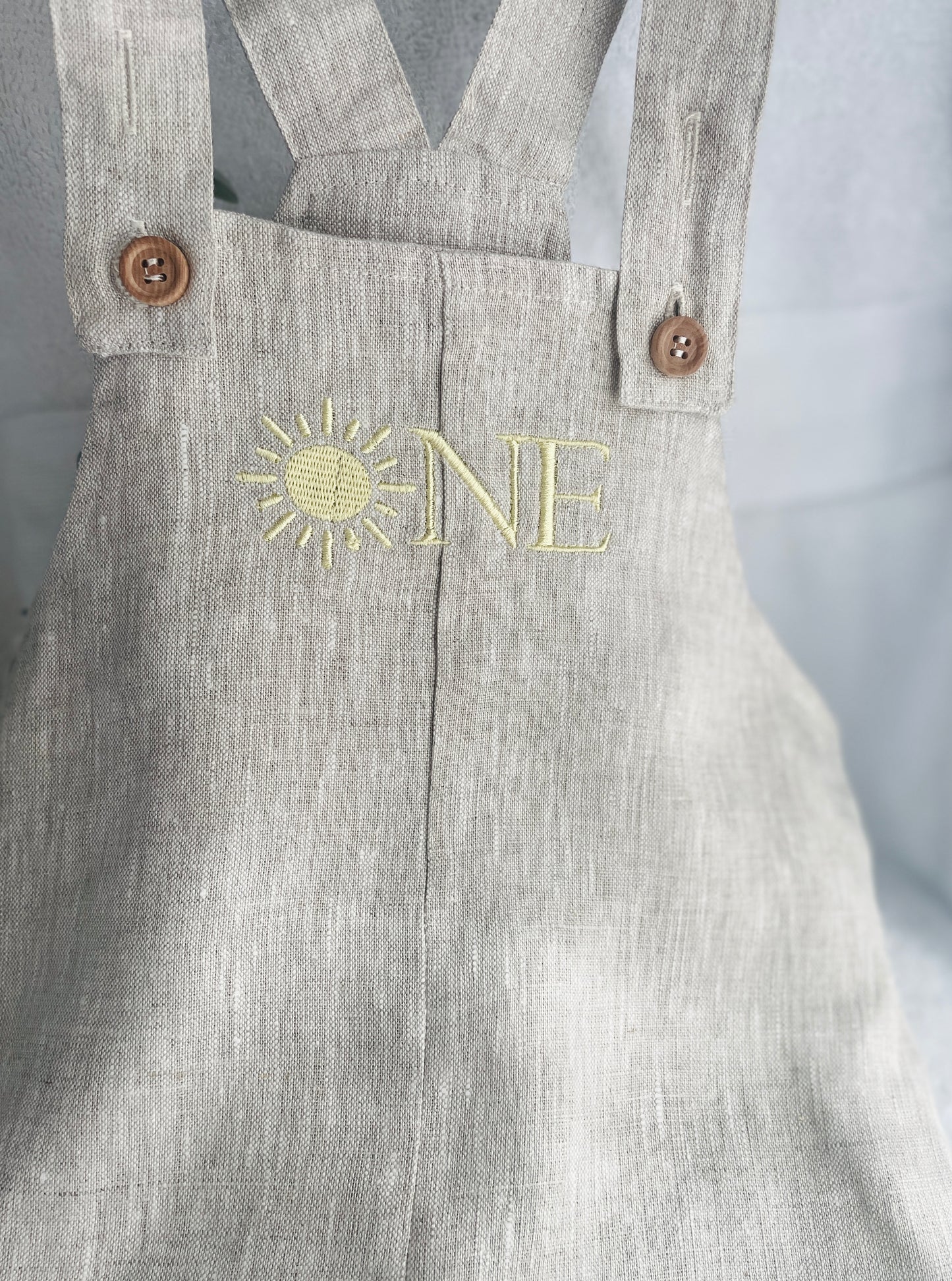 Boys Beige Linen Birthday overalls romper dungarees safari balloon fast car wild sea themes