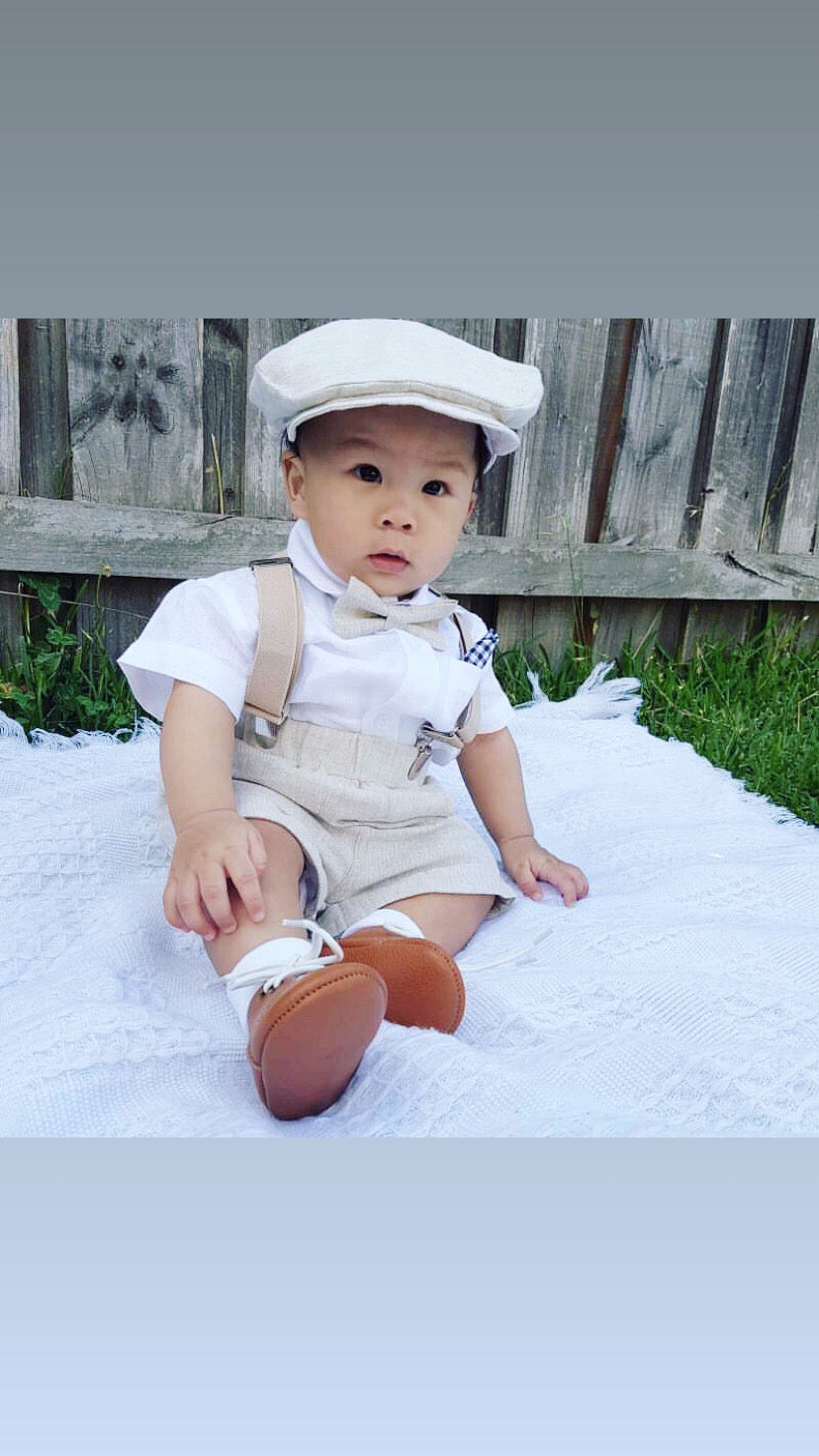 Beige linen summer set with shorts, shirt, suspenders and bow tie plus optional extras